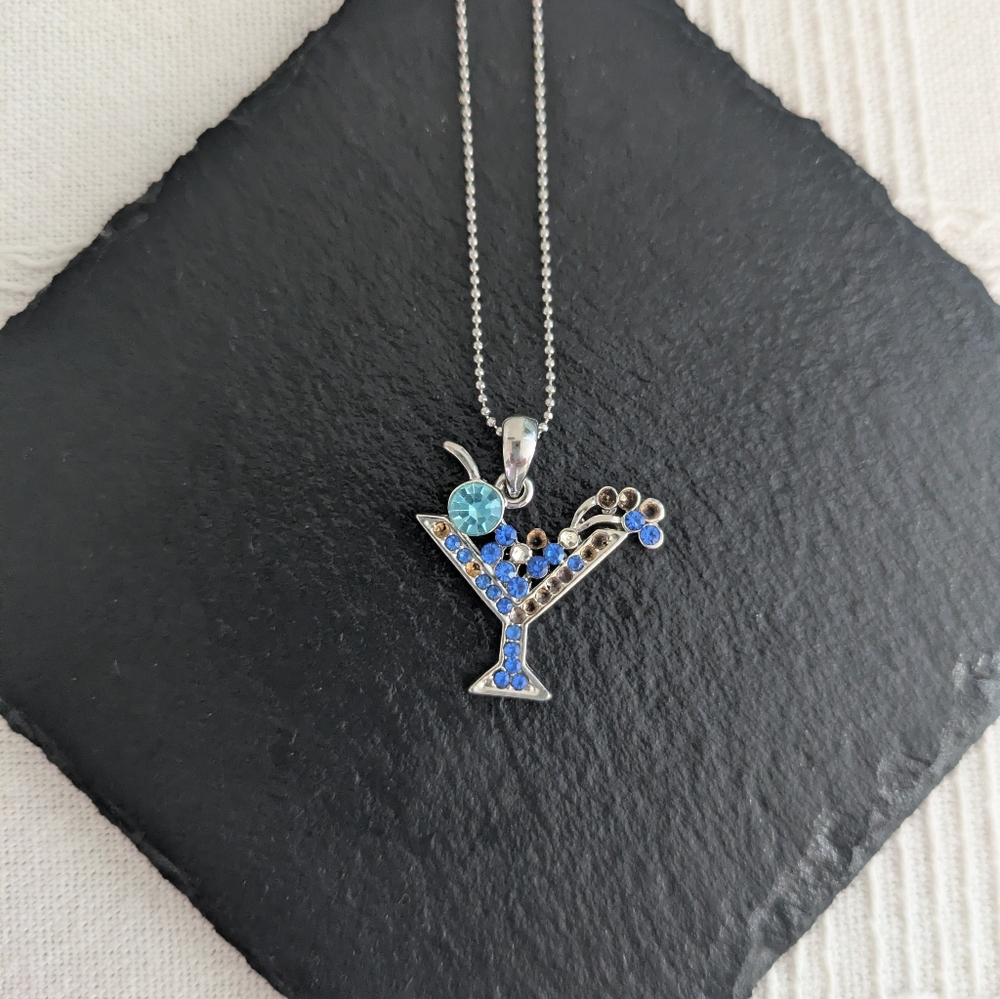 Blue "Martini" Glass Pendant Necklace - 17 Inch Adjustable Silver Chain 🍸🍸🍸
